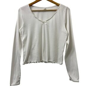 BP L Top White Coquette Balletcore Fairy Lace Bow Ribbon Lettuce Hem Long Sleeve